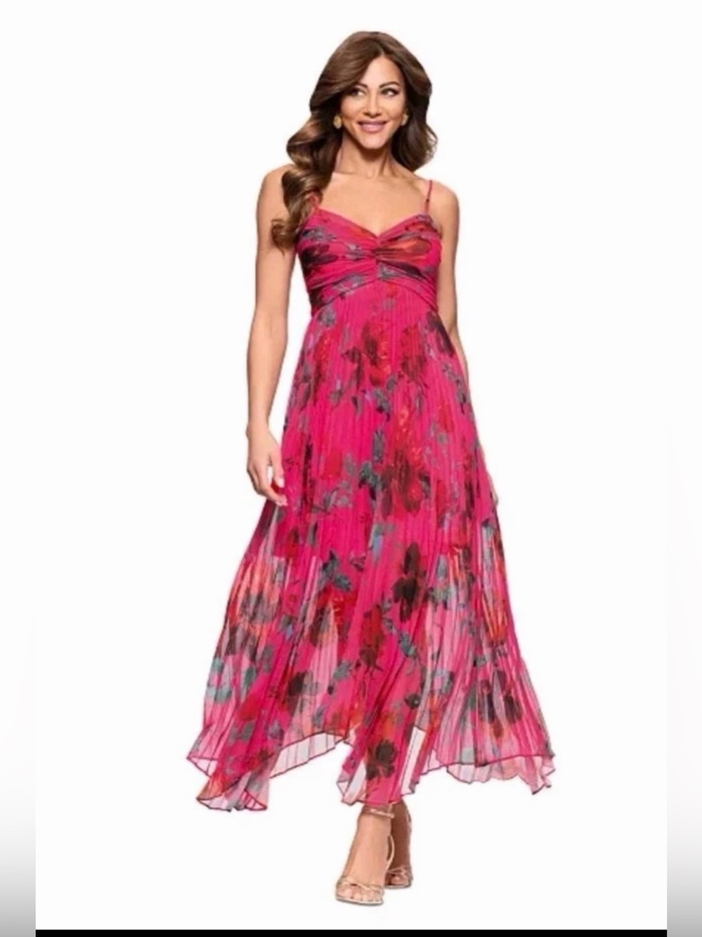X by Xscape Pink Floral Pleated Maxi Dress Size 2 Ruched Wedding $199 EUC